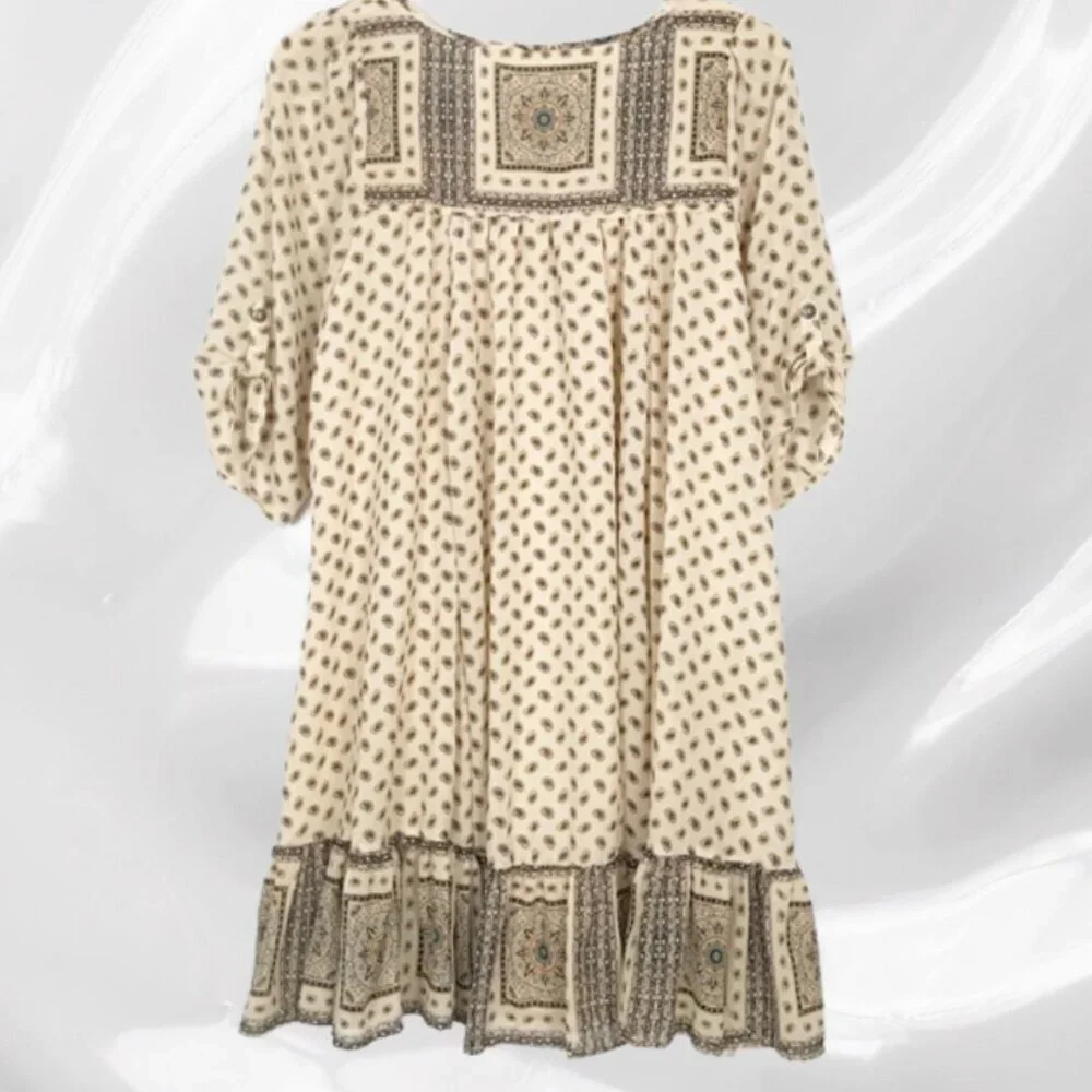 Free People Penny Lane Tea Cream Boho Paisley Floral Short Dress, Size XS